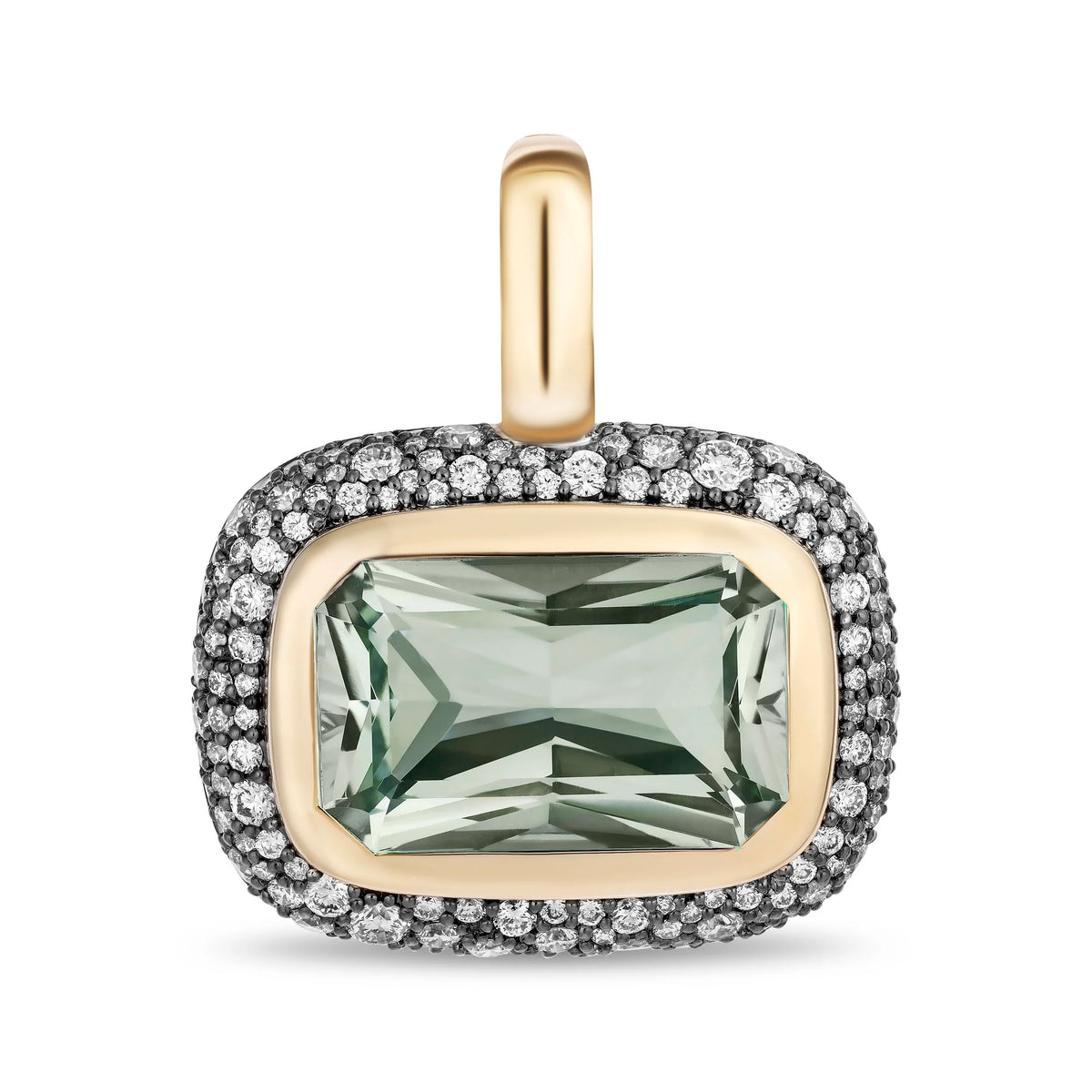 A rectangular prasiolite gemstone pendant with a gold border, surrounded by a halo of small clear stones, on a white background.