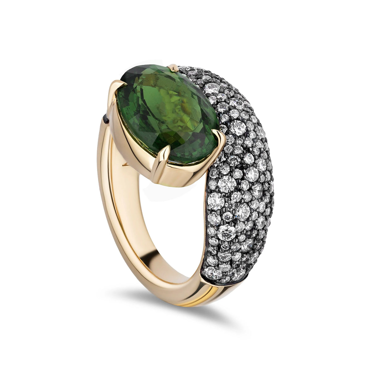 A yellow gold ring featuring a large oval green gemstone on one half and a pavé-set row of clear stones on the other, set against a plain white background.