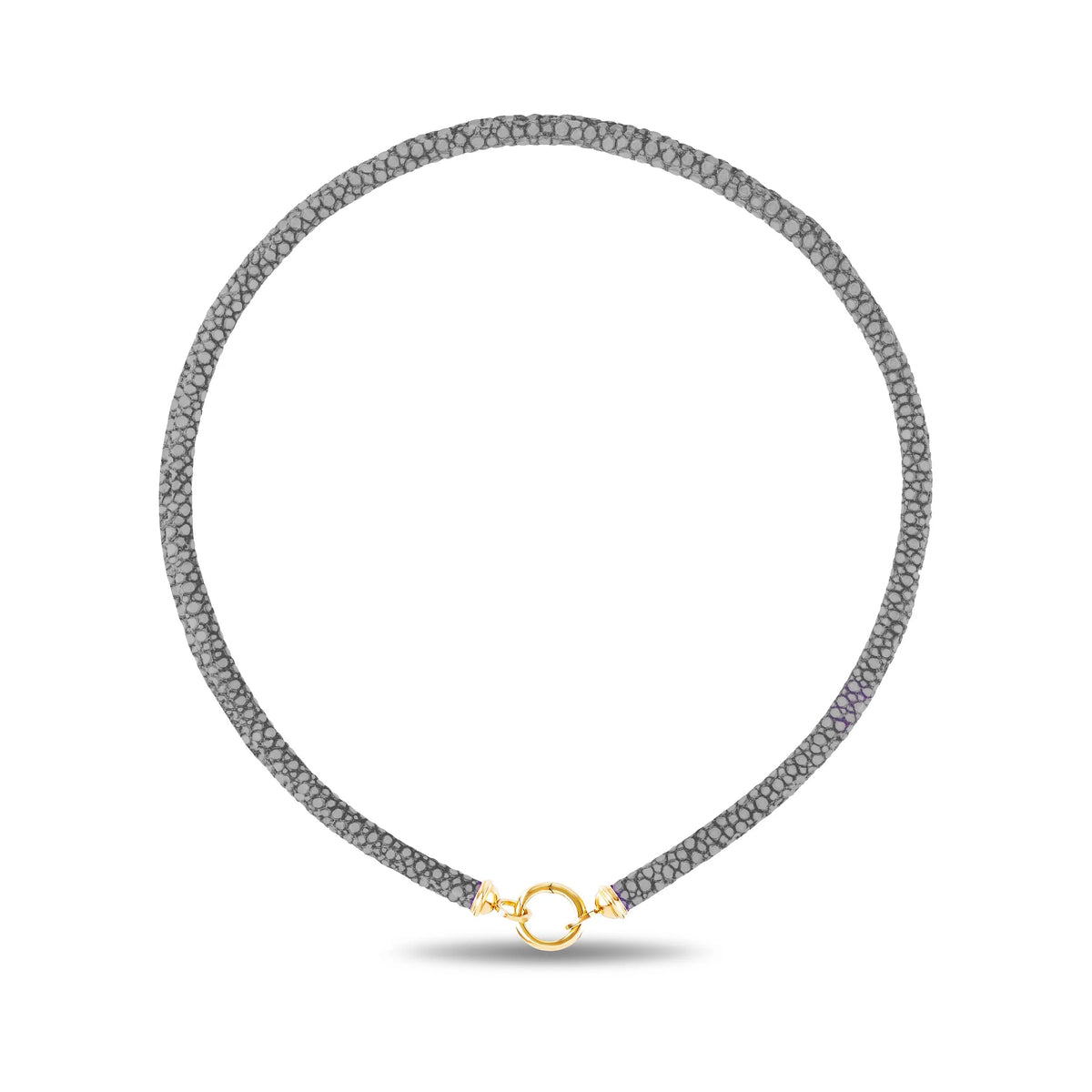 A gray sting ray leather necklace with a small gold clasp, displayed on a clean white background.