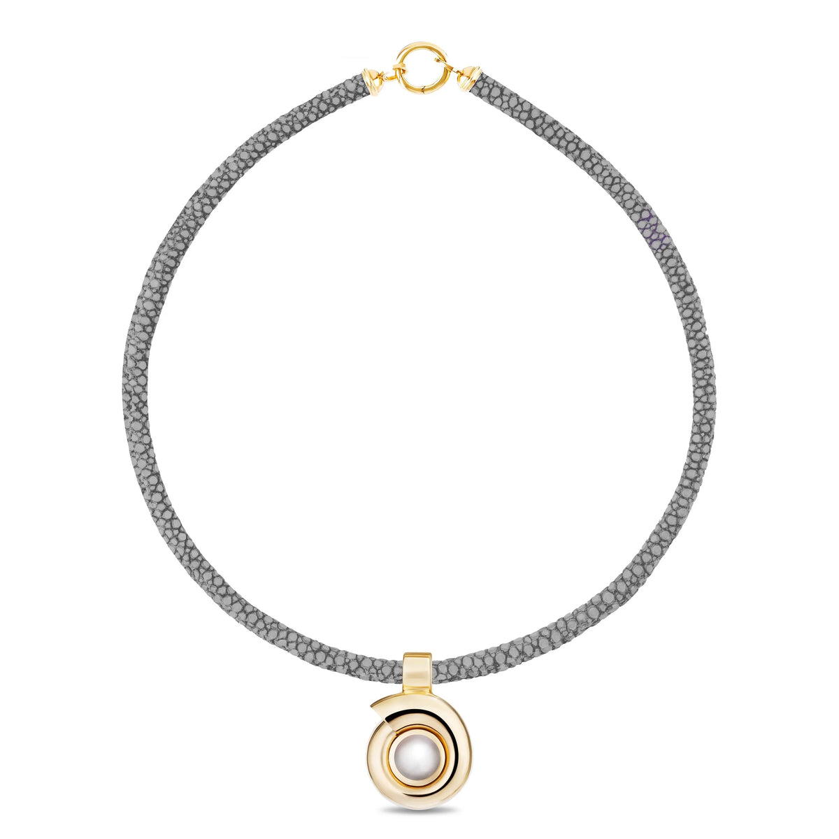 A gray sting ray leather necklace with a gold-tone circular pendant featuring a white pearl-like center, shown on a plain white background.