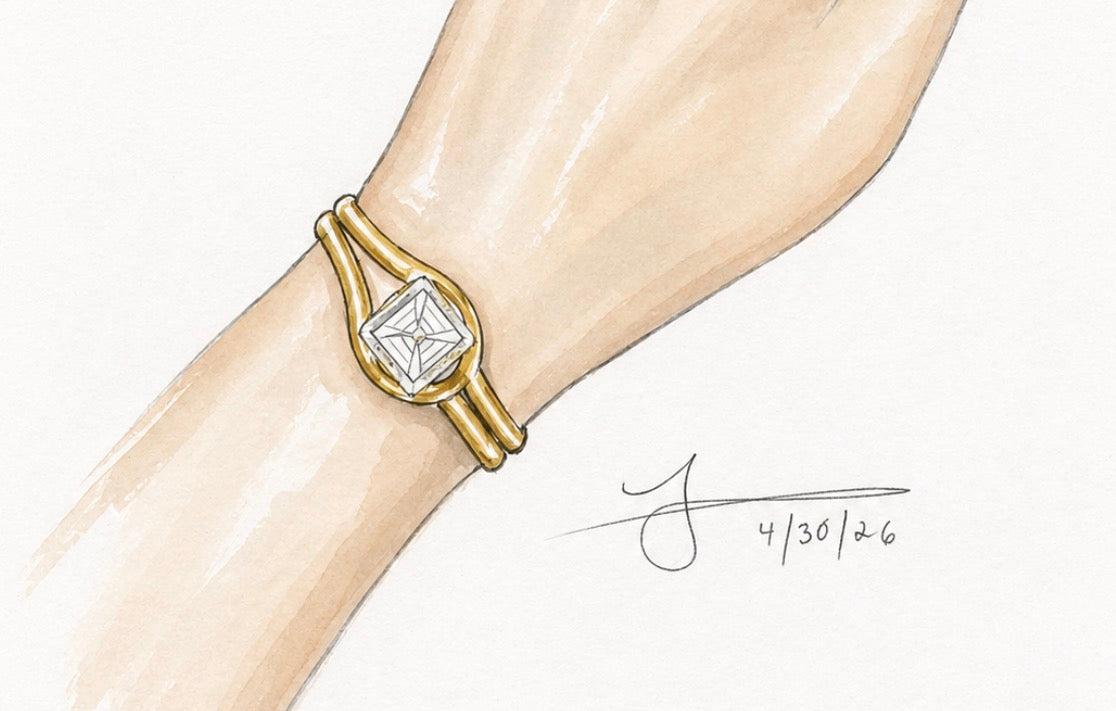 A hand-drawn illustration of a gold ring with a square-cut clear gemstone worn on a wrist, set against a plain off-white background with a signature and date.