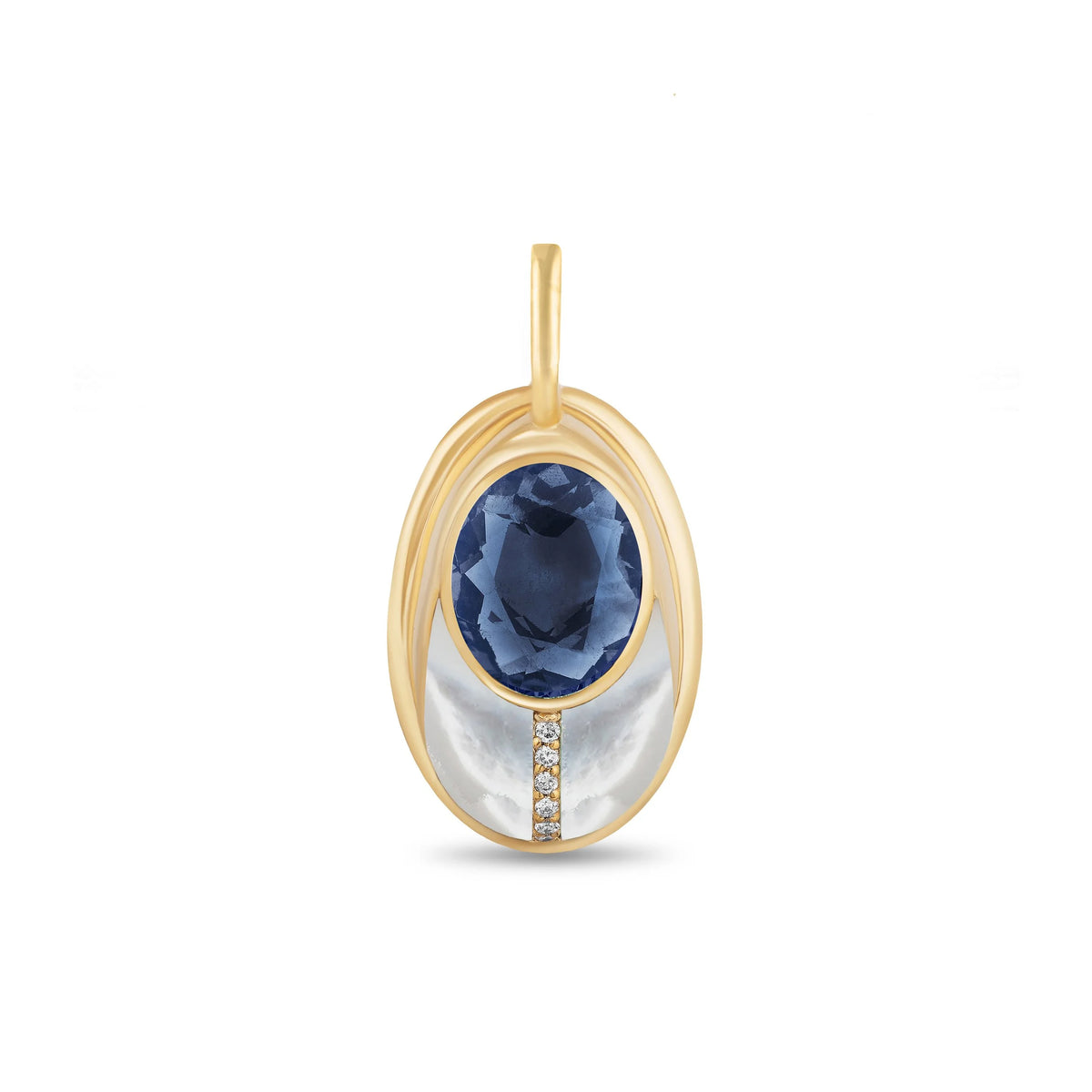 A Mason and Books love bug pendant featuring a round iolite gemstone, a curved mother pearl inlay, and a small vertical line of diamonds, shown on a plain white background.