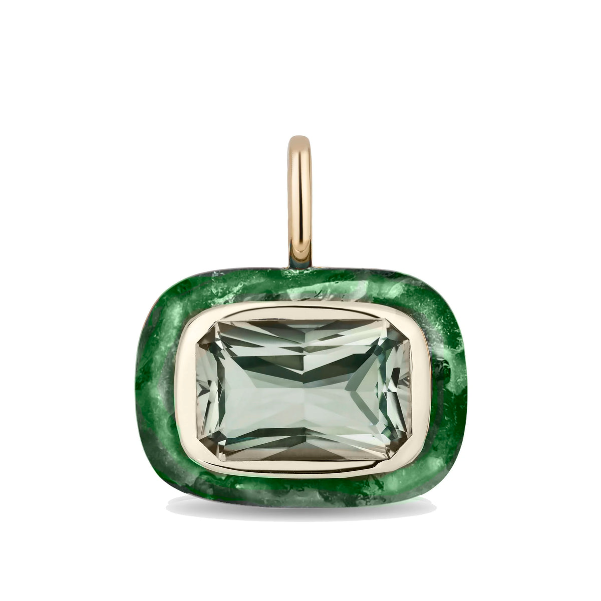 A rectangular cushion-cut pendant featuring a light gray cushion-cut gemstone in a gold bezel setting, surrounded by a jade border on a white background.