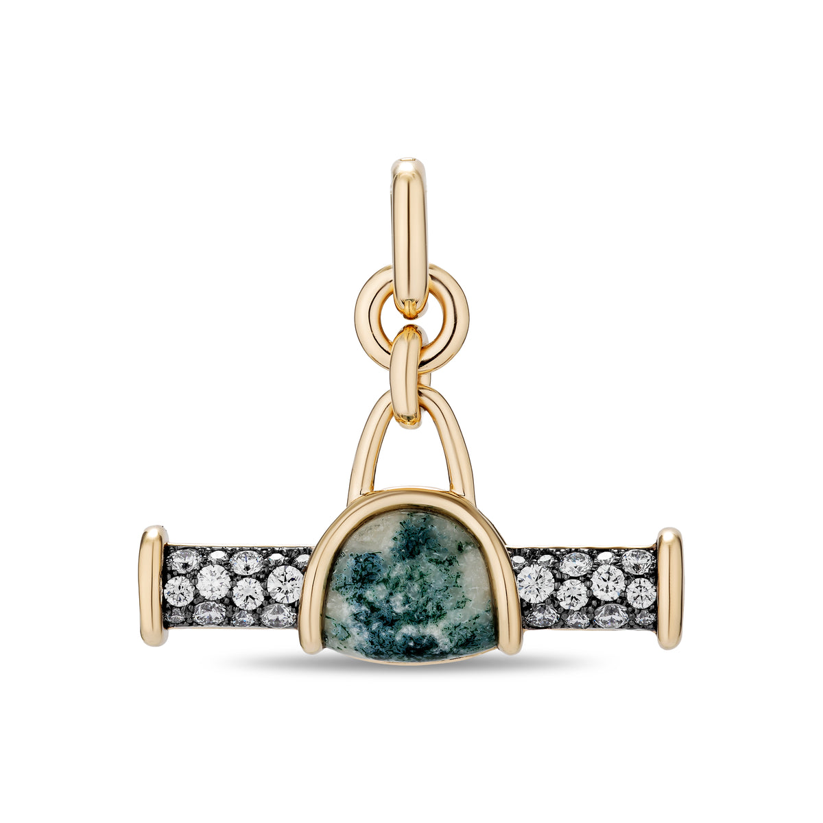 A gold pendant charm featuring a central green stone with dark marbling, flanked by pavé-set clear stones on a white background.