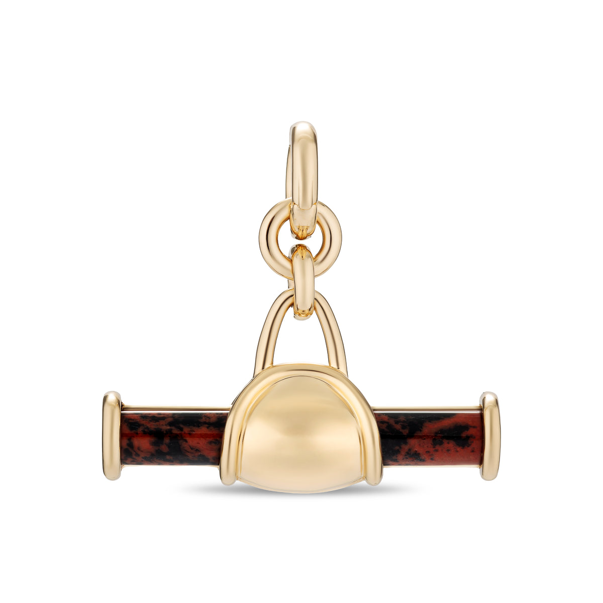 A gold-toned bar-style charm featuring a polished dome-shaped center, a horizontal bar with dark red and black marbled inlay, and a top loop, shown on a plain white background.