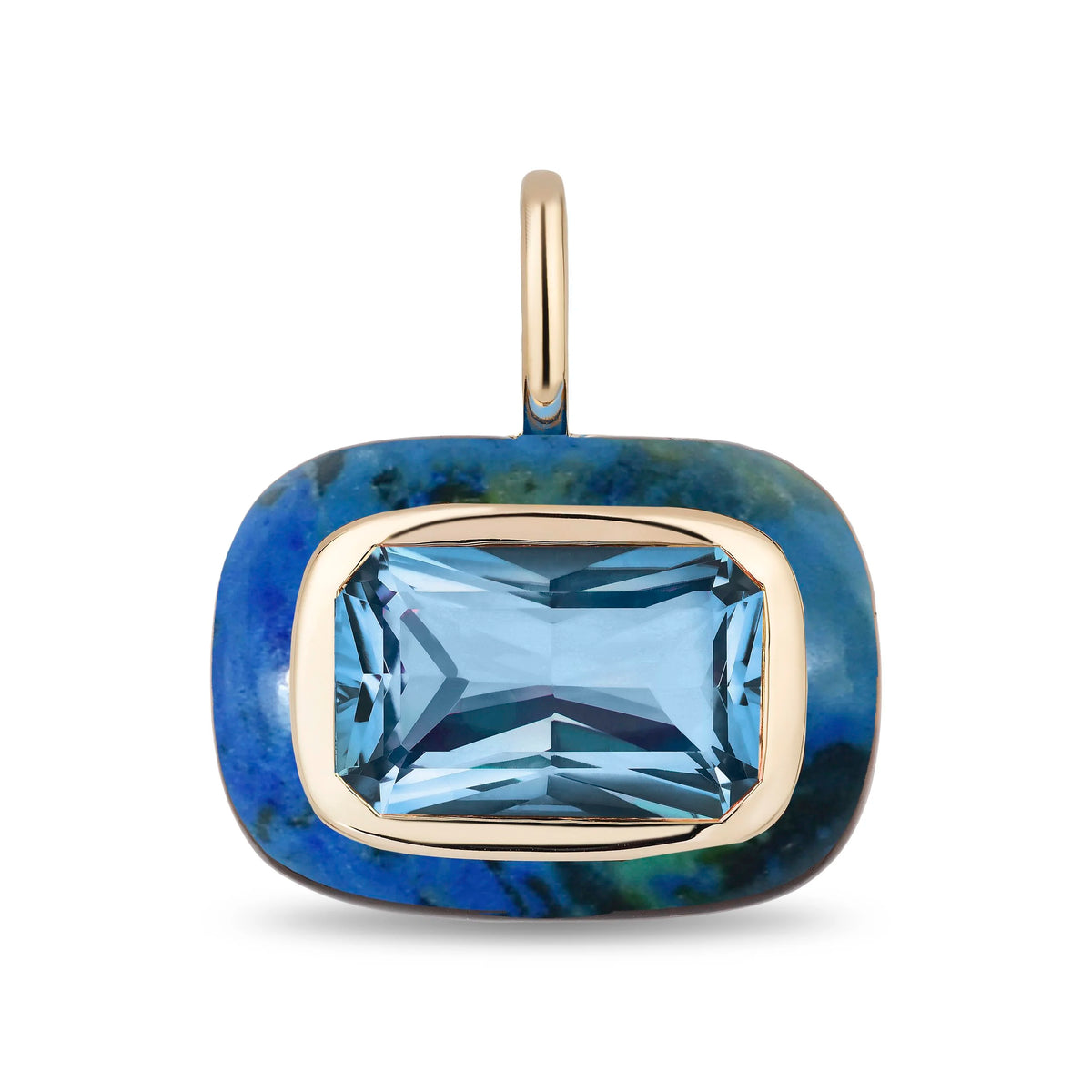 A rectangular pendant featuring a light blue cushion-cut gemstone in a gold bezel setting, mounted on a textured blue and green marbled resin background with a gold bail at the top, shown on a plain white background.