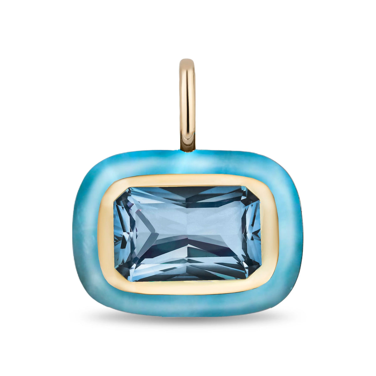 A rectangular pendant with rounded corners featuring a light blue faceted gemstone, surrounded by a gold-tone inner bezel and a laramar outer frame, with a gold bail at the top, shown on a plain white background.