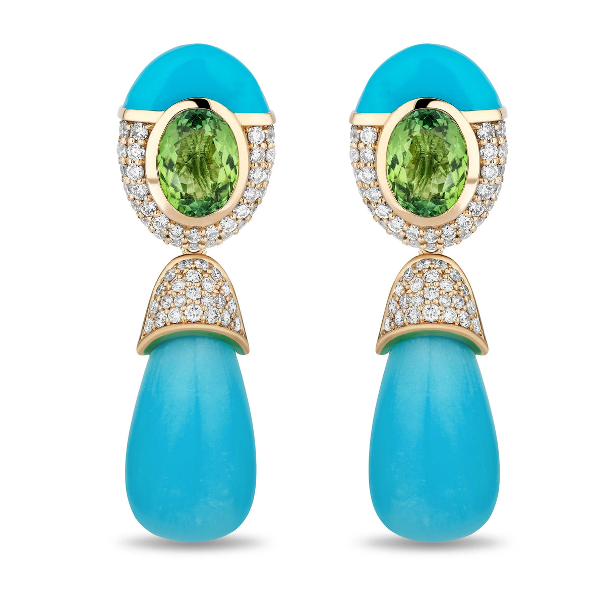 A pair of gold drop earrings featuring a vibrant turquoise cabochon, a green peridot gemstone, and pavé-set diamonds, with a teardrop-shaped turquoise drop below.