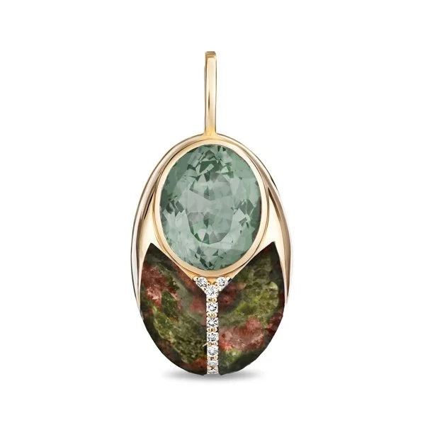 A gold pendant featuring a large oval light green gemstone on top and a curved natural stone inlay below with green, brown, and reddish marbling, accented by a small line of clear stones.