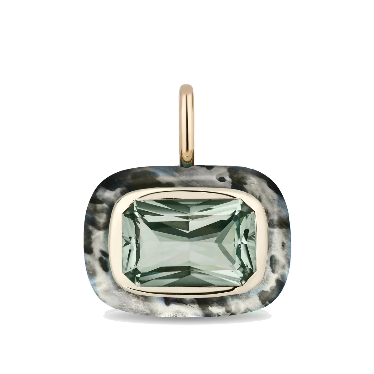 A cushion-cut pendant featuring a faceted light prasiolite in a gold bezel setting, surrounded by a moss agate frame, with a gold bail at the top.