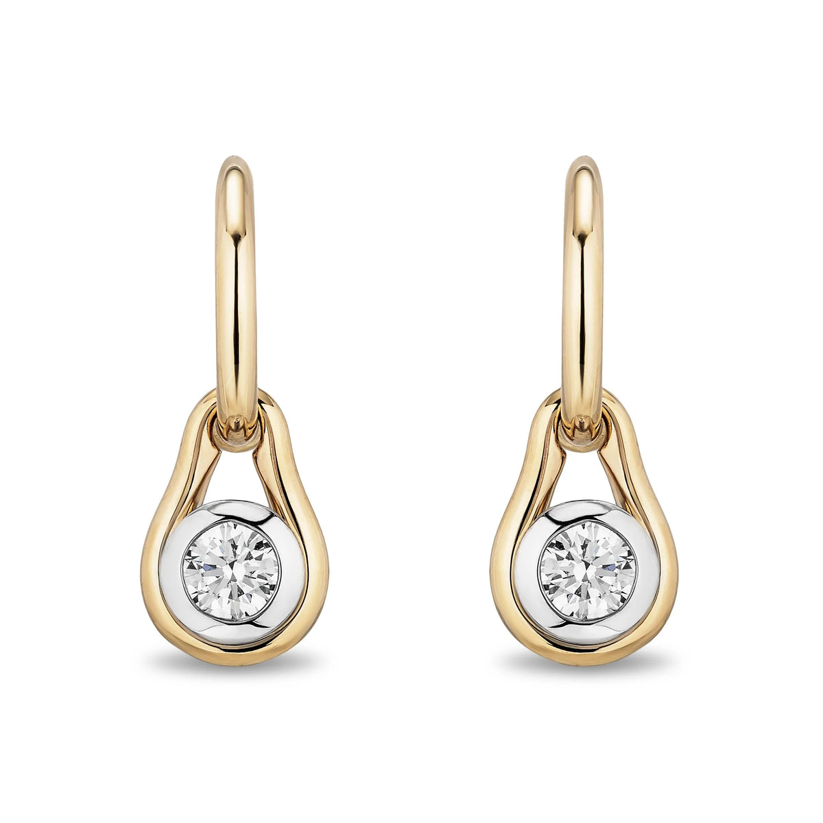 A pair of gold and white gold drop earrings with a round-cut clear gemstone in a bezel setting, shown on a plain white background.