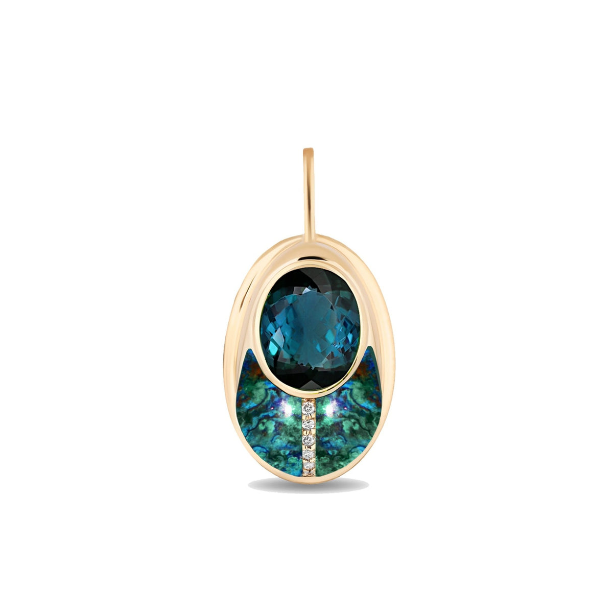 A Mason and Books love bug pendant featuring a round London blue topaz gemstone, a curved azurite inlay, and a small vertical line of diamonds, shown on a plain white background.