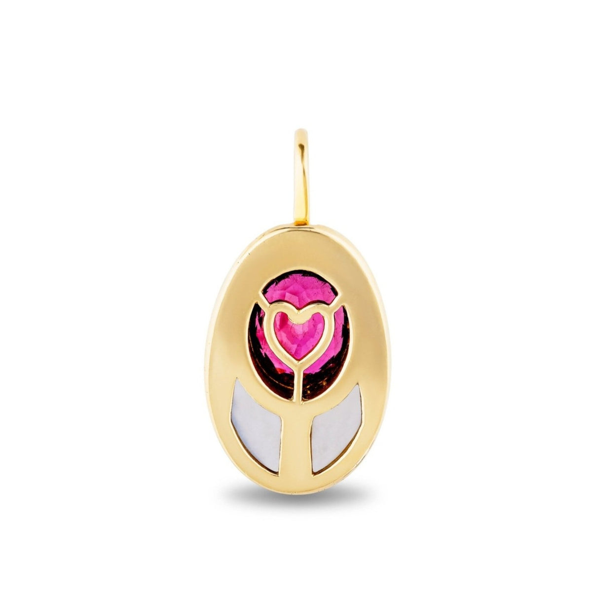 A lovebug pendant featuring a stylized tulip design with a bright pink heart-shaped center, a dark red textured stem, and white inlay accents at the bottom.