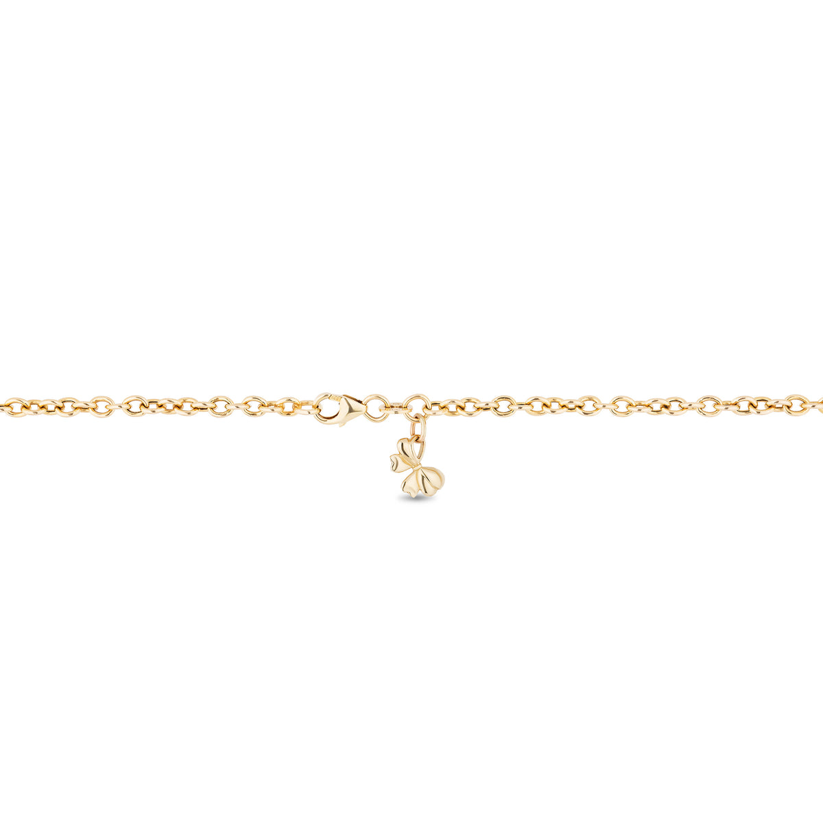 A delicate yellow gold chain necklace with a small hanging bow charm, displayed horizontally against a solid white background.