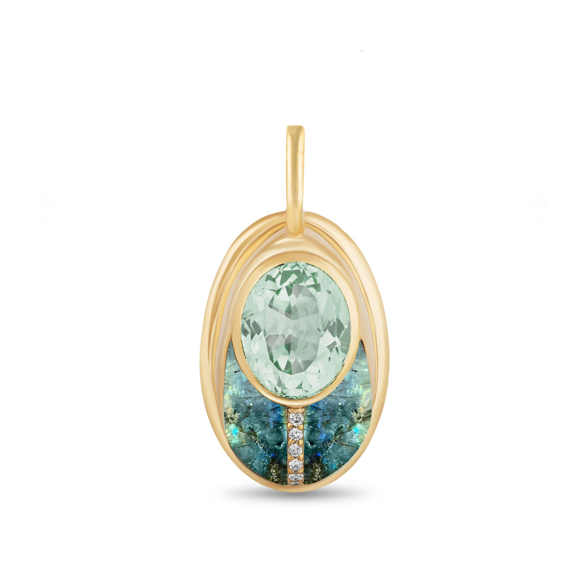 A Mason and Books love bug pendant featuring a round prasiolite gemstone, a curved labradorite inlay, and a small vertical line of diamonds, shown on a plain white background.