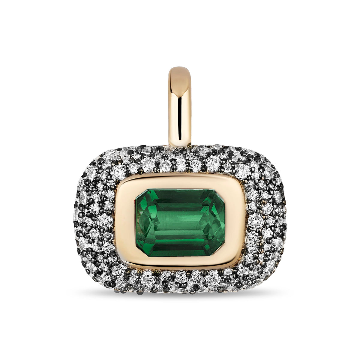 A rectangular emerald-cut green gemstone pendant set in yellow gold, surrounded by a halo of small clear pavé stones on a white background.