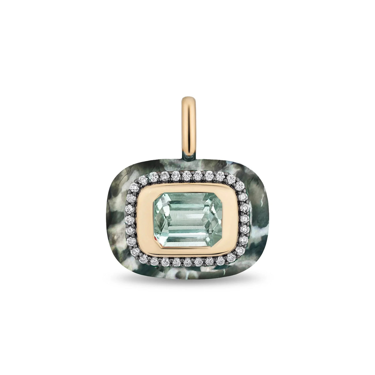 A rectangular pendant with rounded corners in yellow gold, featuring a central emerald-cut light blue gemstone surrounded by a halo of small diamonds, and a textured green-and-white marbled outer border. The pendant is shown on a clean white background.