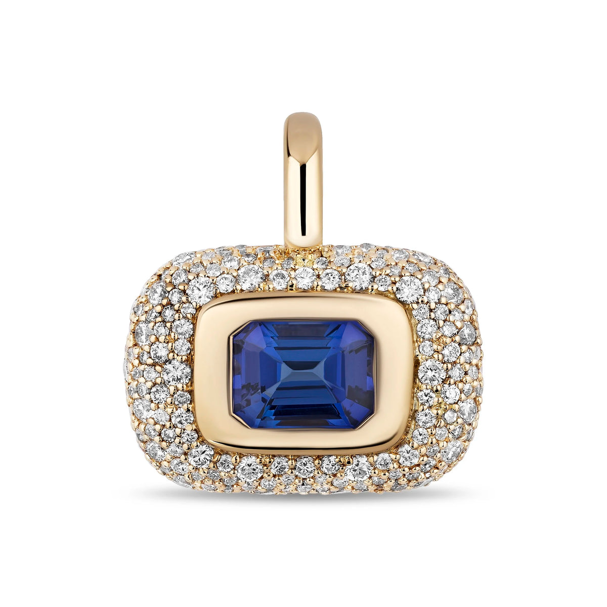 A gold pendant featuring a central rectangular emerald-cut blue tanzanite surrounded by a halo of small clear pavé stones, set on a white background.