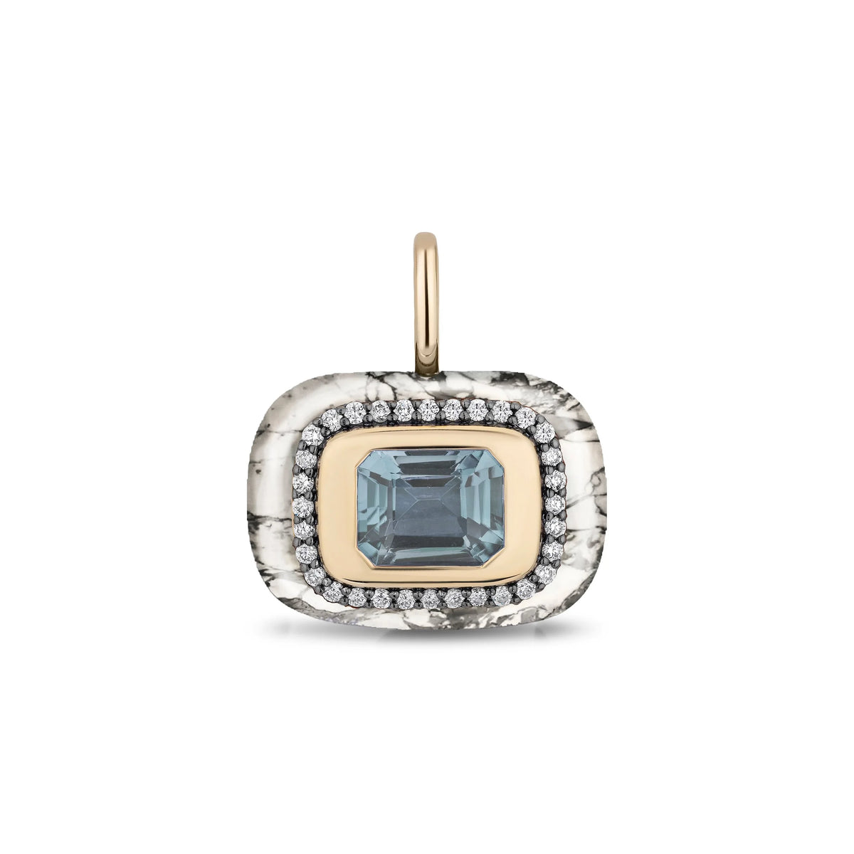 A rectangular pendant with a textured silver-tone outer frame, a gold-tone center, a light blue emerald-cut gemstone, and a halo of diamonds, shown on a plain white background.