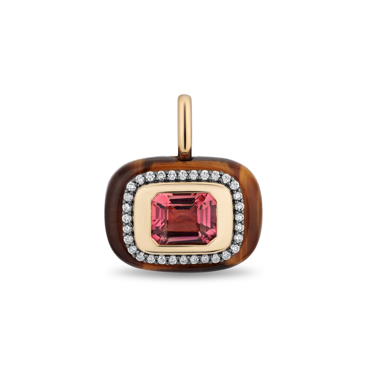 A rectangular pendant with rounded corners featuring a central emerald-cut pink gemstone, surrounded by a halo of small diamonds and a polished gold-tone border, with a tigers eye outer frame and a gold bail at the top.