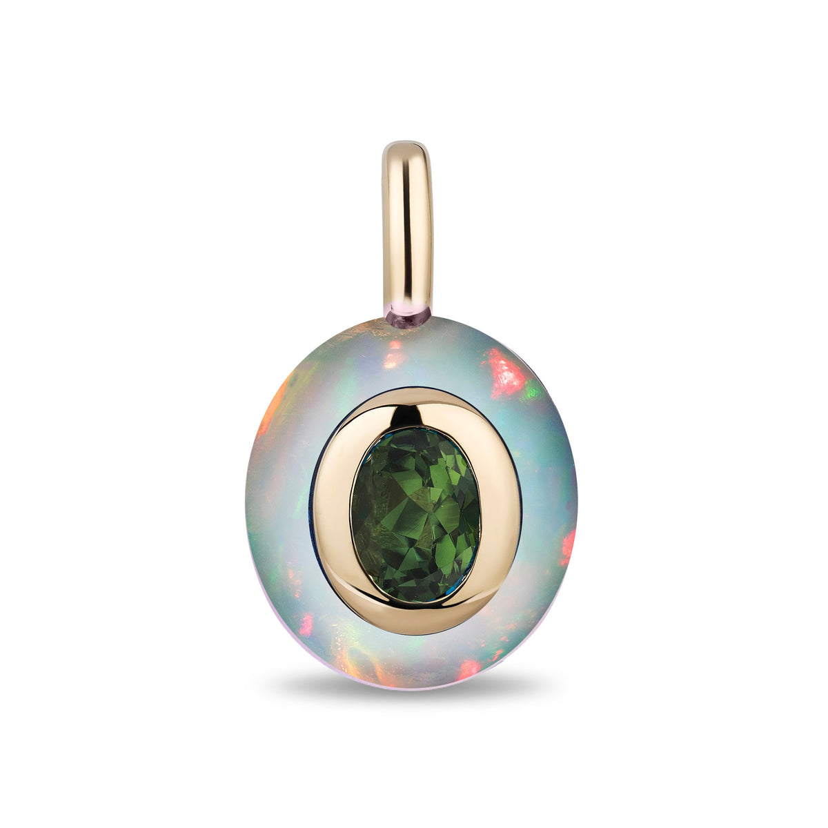 A round pendant featuring a light blue iridescent opal with a central gold bezel holding a faceted dark green gemstone, suspended from a gold bail, on a white background.
