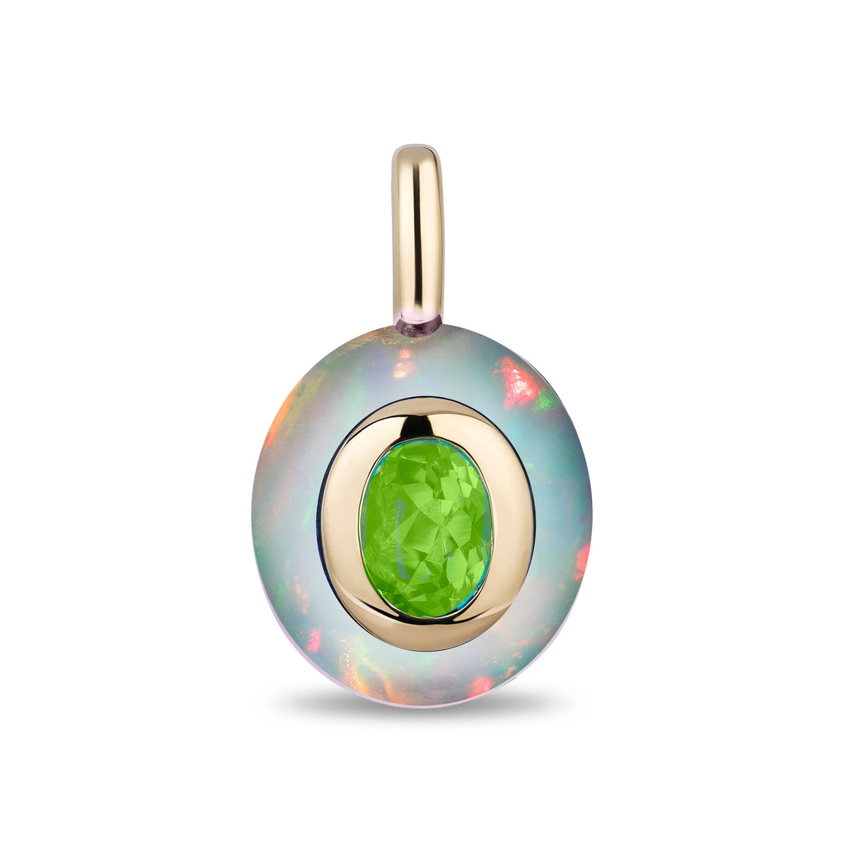A round pendant featuring a vibrant green faceted gemstone in the center, surrounded by a polished gold-tone bezel and set within a larger iridescent opal-like circular background with soft pink, blue, and green flashes.