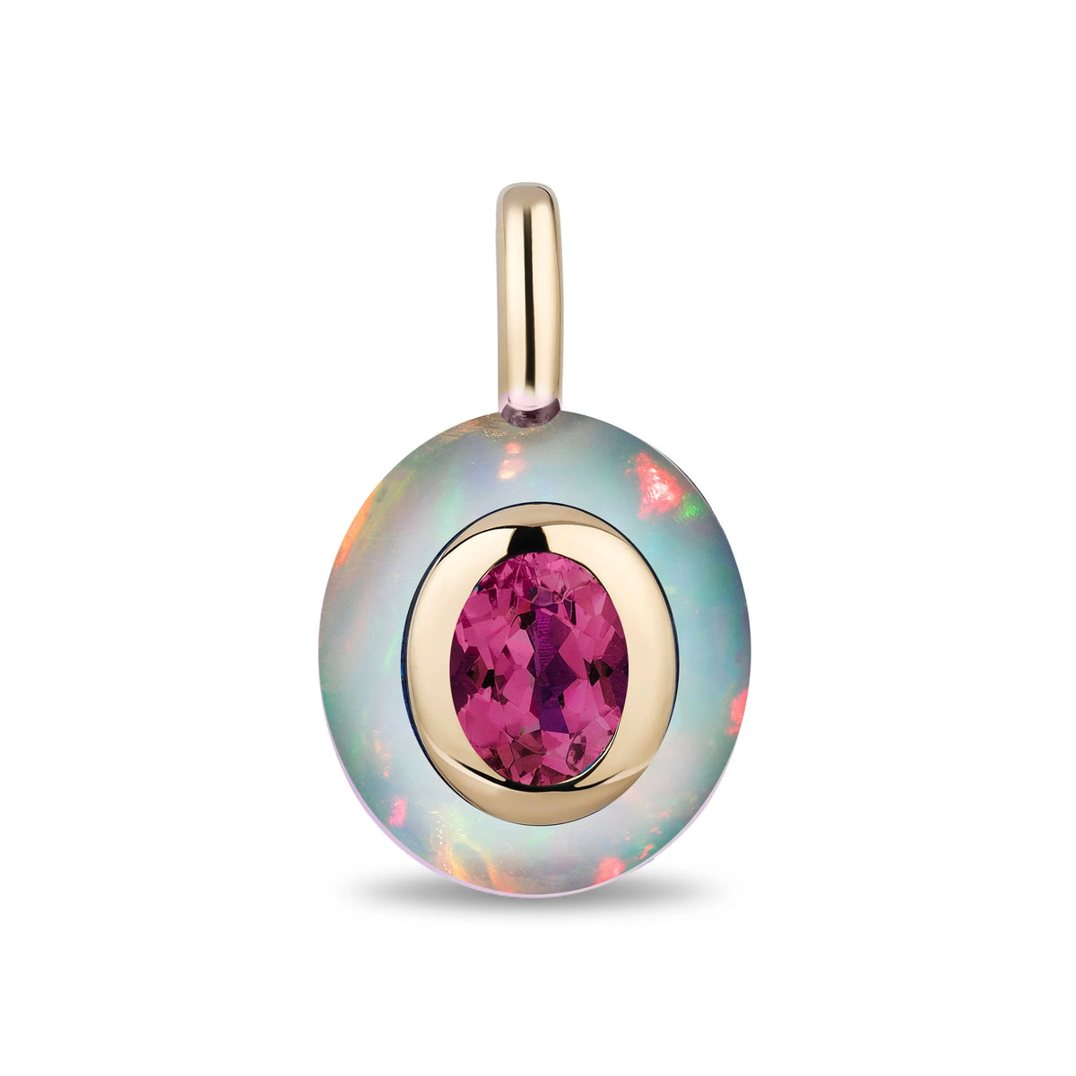 A round pendant featuring a central oval pink gemstone surrounded by a gold bezel, set within a larger iridescent opal with a gold bail, shown on a white background.