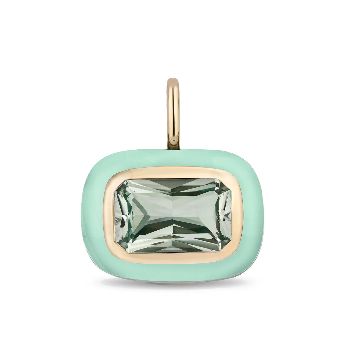 A rectangular pendant with rounded corners featuring a large clear faceted gemstone in a gold-tone frame, surrounded by a mint green stone border and a gold-tone top loop, shown on a white background.