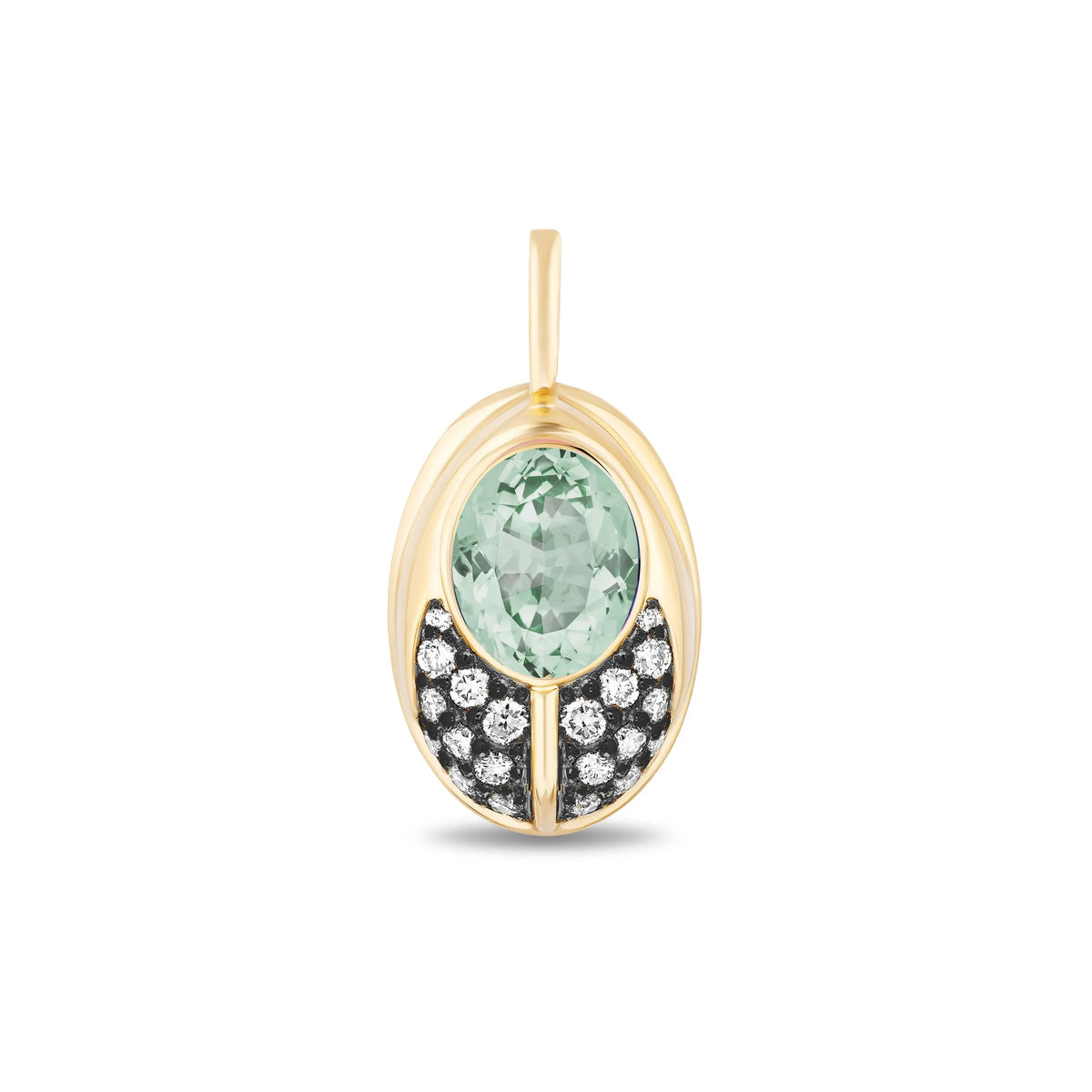A gold pendant featuring a round light green gemstone at the center, surrounded by a semi-circular arrangement of small clear pavé diamonds on one side and a vertical gold bar, set against a plain white background.