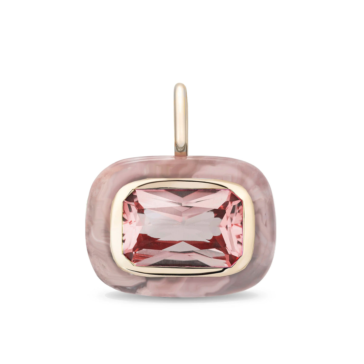 A rectangular pendant with rounded corners featuring a faceted pink gemstone in a gold bezel setting, surrounded by a pink marbled agate, and finished with a gold bail, shown on a white background.