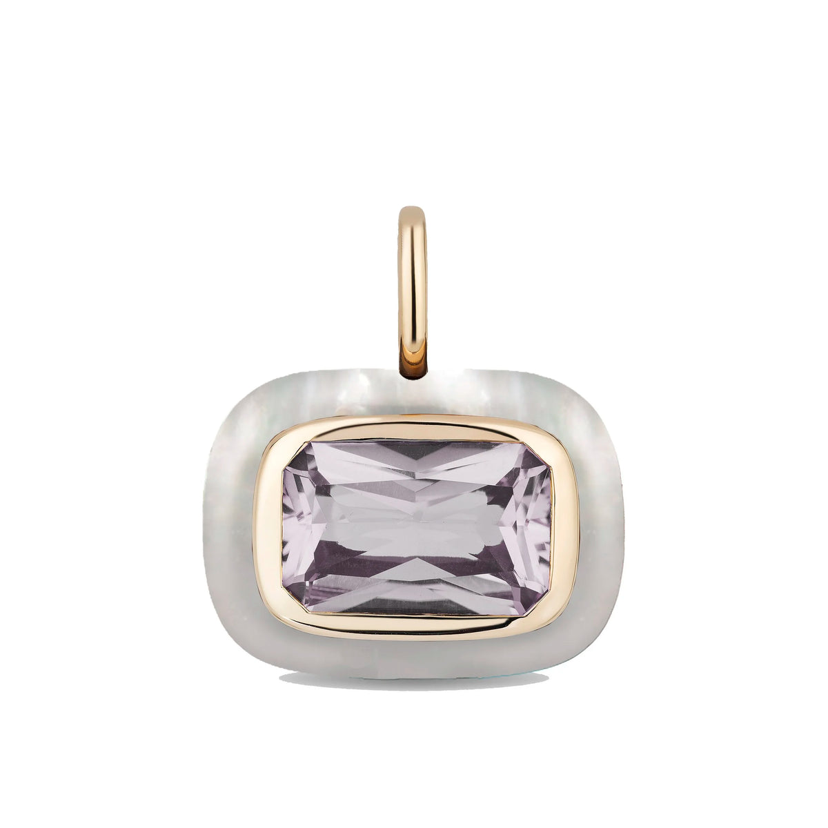 A cushion-cut pendant featuring a faceted rose de france center stone in a gold bezel, surrounded by a polished white mother-of-pearl bezel and a gold bail, set against a plain white background.
