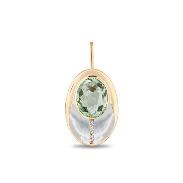 A Mason and Books love bug pendant featuring a round prasiolite gemstone, a curved mother of pearl, and a small vertical line of diamonds, shown on a plain white background.