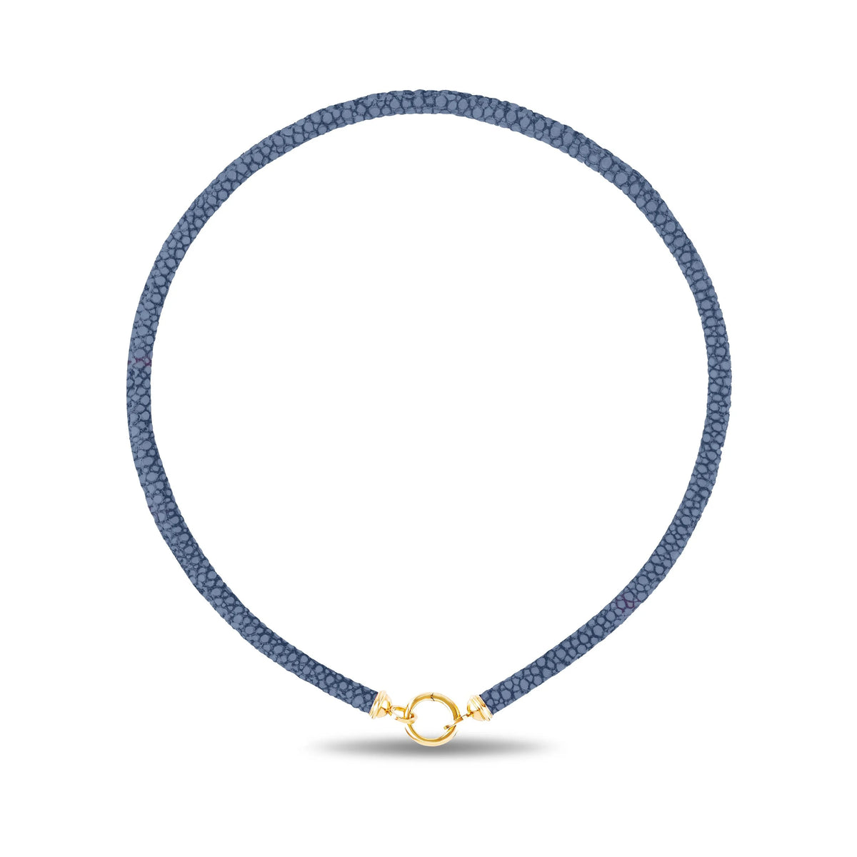 A sting ray leather necklace in a muted slate blue color, featuring a small gold clasp at the bottom center, displayed on a clean white background with a soft shadow.