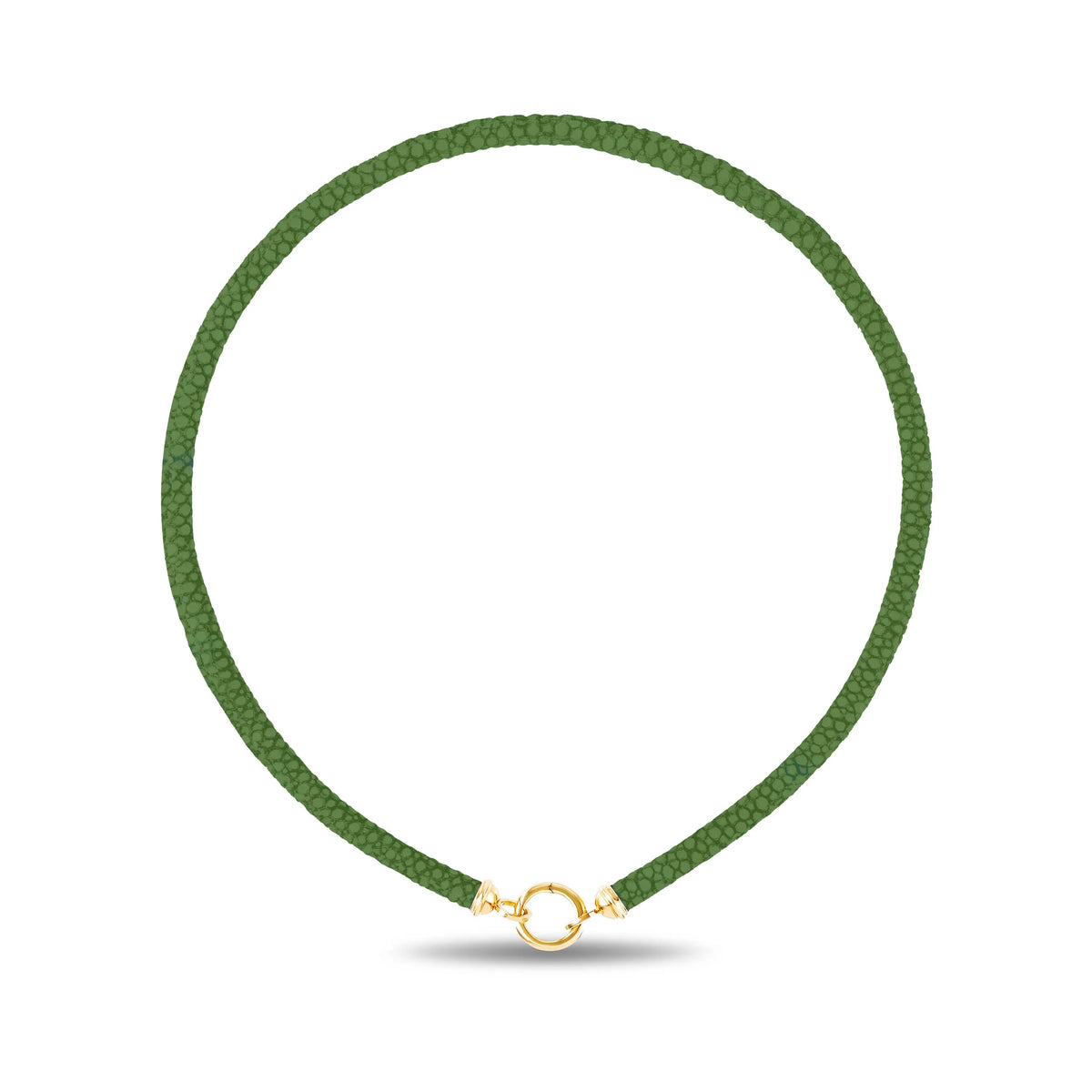 A green sting ray leather necklace with a small gold clasp, displayed on a clean white background with a soft shadow underneath.