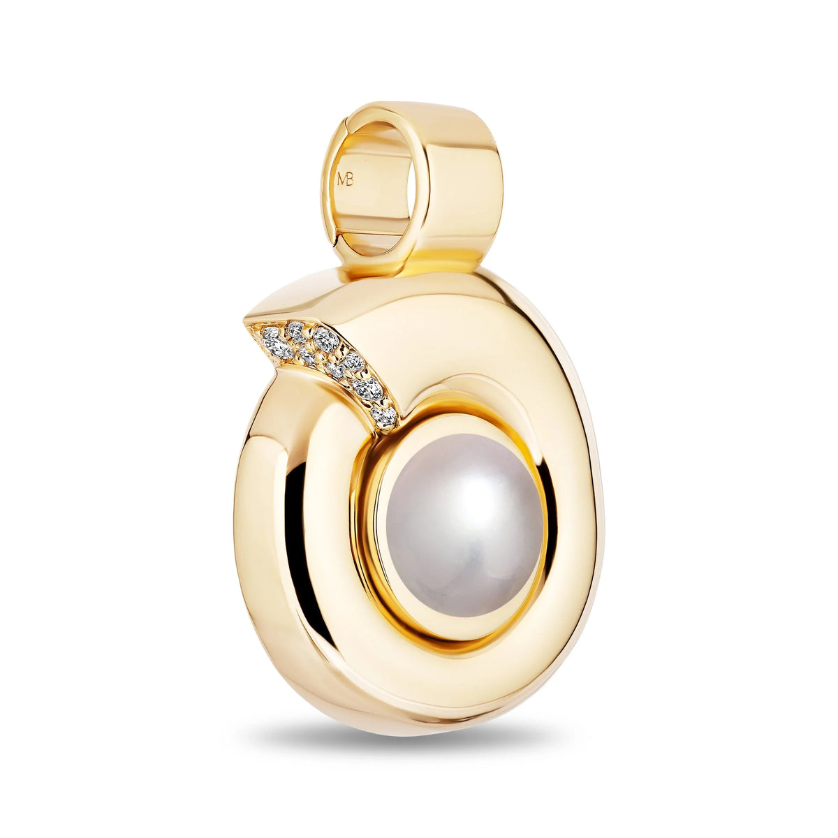 A polished gold pendant featuring a central white pearl and a small diamond-accented detail, shown on a clean white background.
