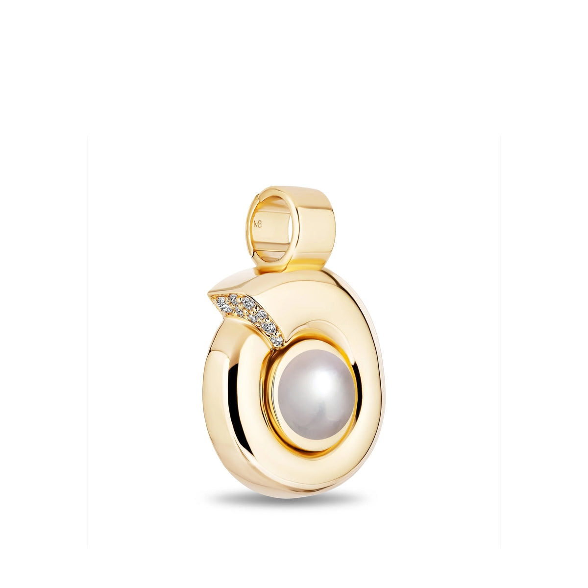 A gold pendant featuring a curved openwork design with a central white pearl and a small diamond-accented detail, shown on a plain white background.