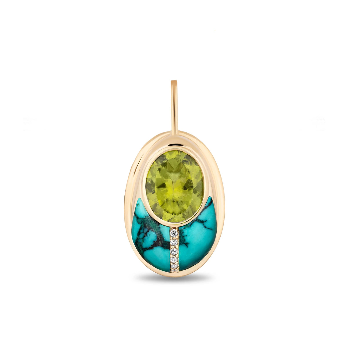 A gold lovebug pendant featuring a central lime green gemstone and a turquoise inlay with a small diamond accent, set against a plain white background.