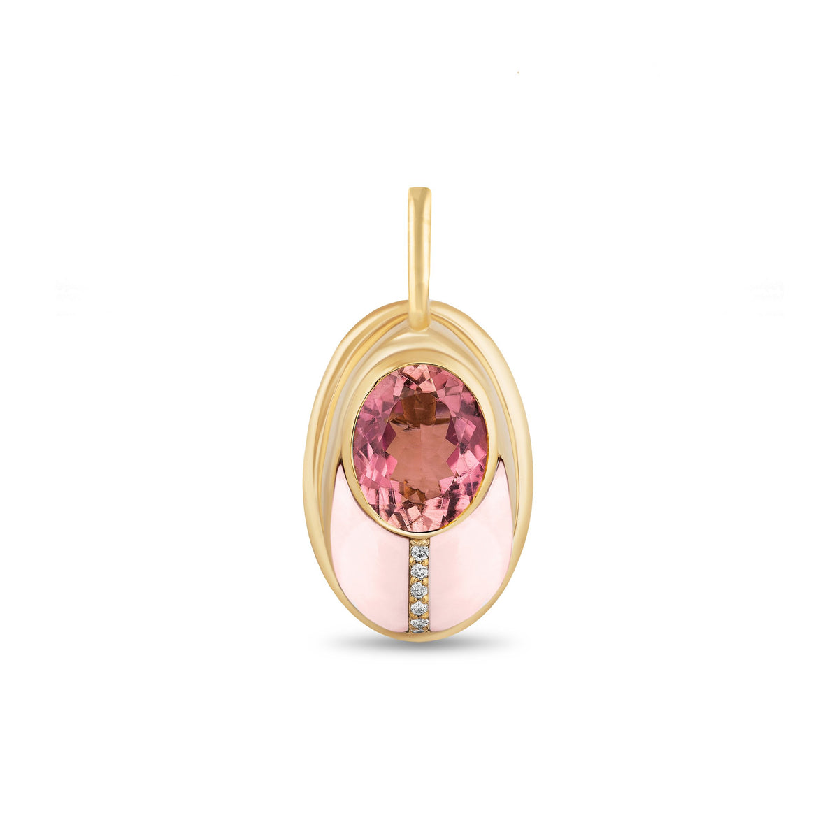 A Mason and Books love bug pendant featuring a round pink gemstone, a curved pink opal inlay, and a small vertical line of diamonds, shown on a plain white background.
