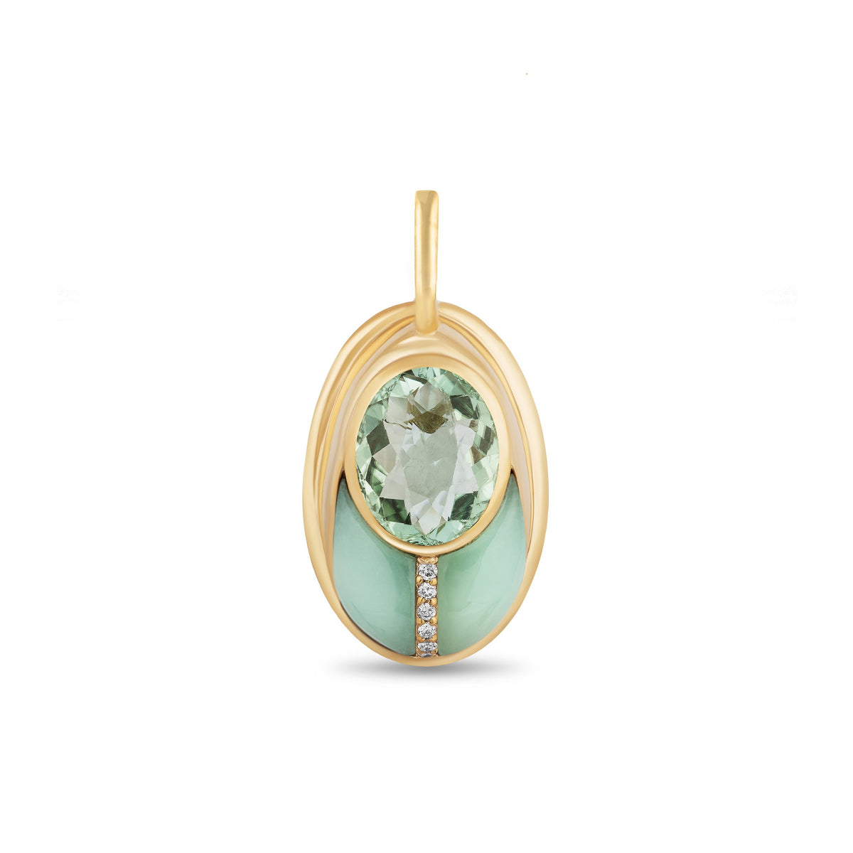 A Mason and Books love bug pendant featuring a round prasiolite gemstone, a curved mint opal inlay, and a small vertical line of diamonds, shown on a plain white background.