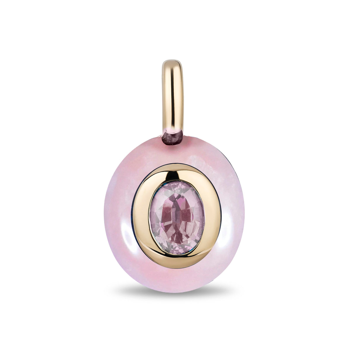A oval pink opal pendant with a gold bezel setting and a central oval rose de france, suspended from a gold bail, shown on a white background.