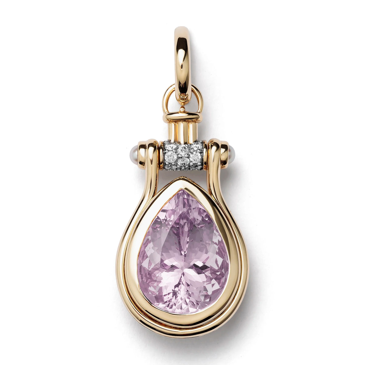 A gold pendant featuring a teardrop-shaped light purple gemstone, accented by a small row of clear stones near the top, set against a plain white background.