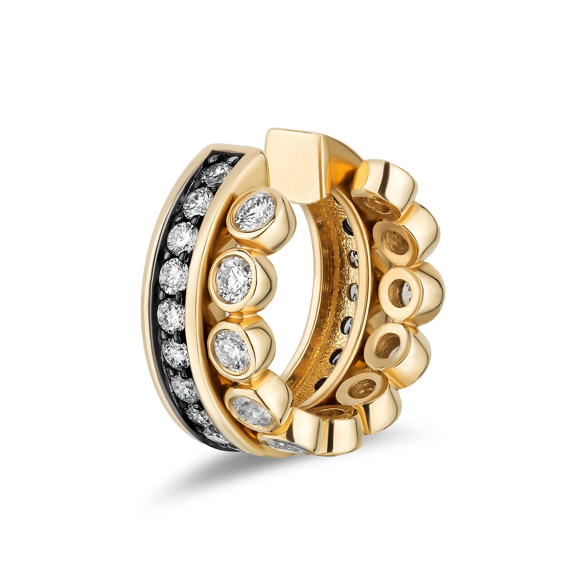 A gold ear cuff earring featuring a row of clear pavé-set round diamonds on one band, a row of diamonds with black rhodium on the other, and a textured, flower-like outer edge, shown on a white background.