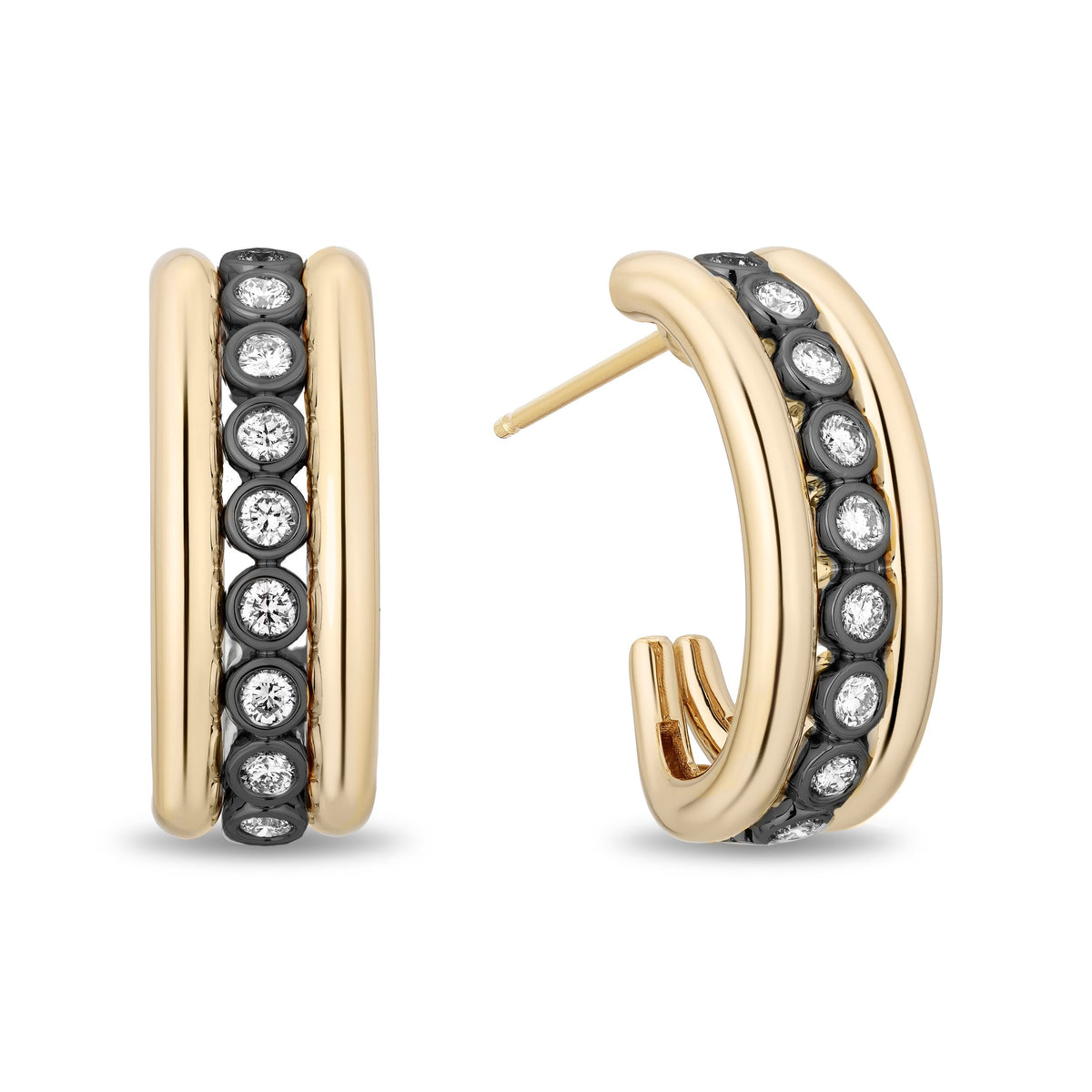 A pair of gold hoop earrings with rows of black and clear gemstones, shown on a plain white background.