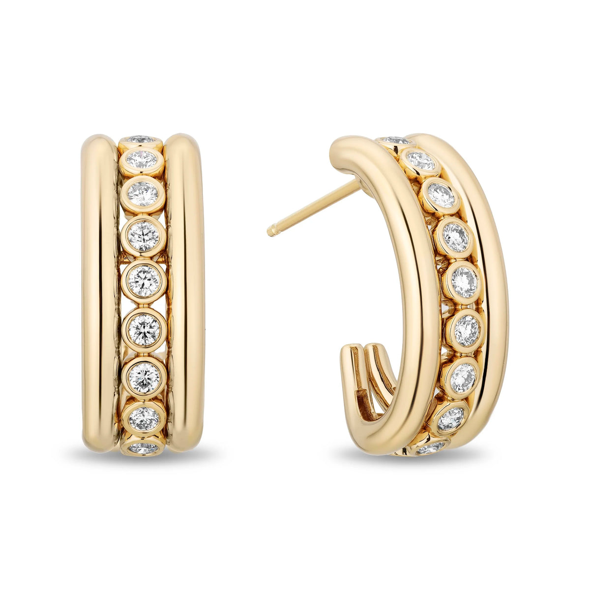 A pair of gold hoop earrings with a double-band design and a row of clear round-cut stones, shown on a plain white background.