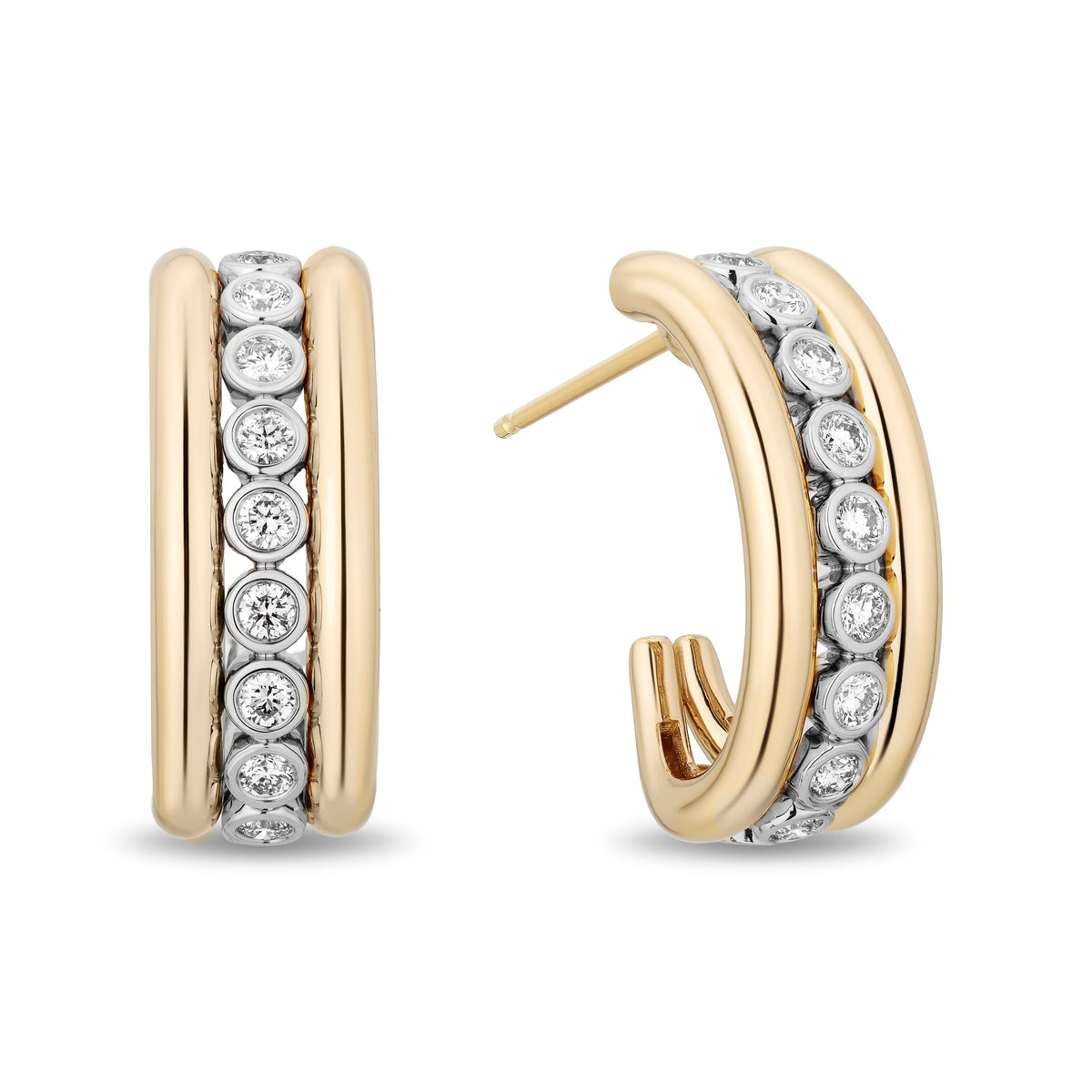 A pair of gold hoop earrings with rows of clear round-cut gemstones, shown on a plain white background. One earring is facing forward and the other is turned to the side, showing the post.