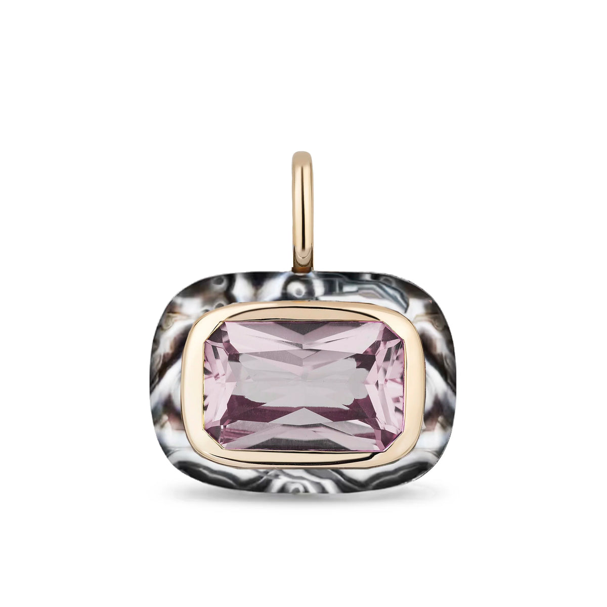 A rectangular cushion-cut pendant featuring a faceted rose de france in a gold bezel setting, surrounded by a sardonyx inlay with a polished gold border and a gold bail, shown on a plain white background.