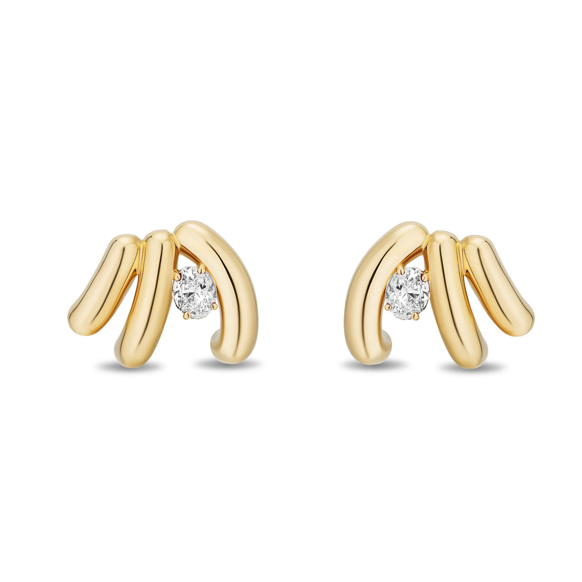 A pair of gold post earrings with a curved, multi-bar design and a small clear round-cut gemstone at the center, shown on a plain white background.