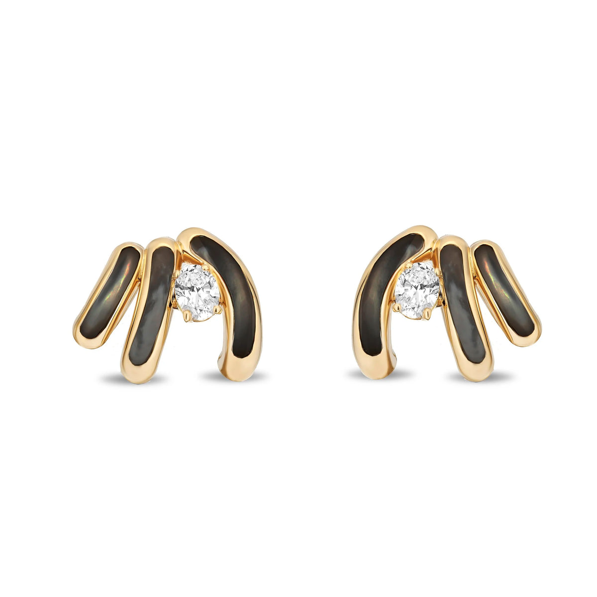 A pair of gold and black mother of pearl stud earrings with a clear round-cut gemstone in the center of each earring, set against a plain white background.