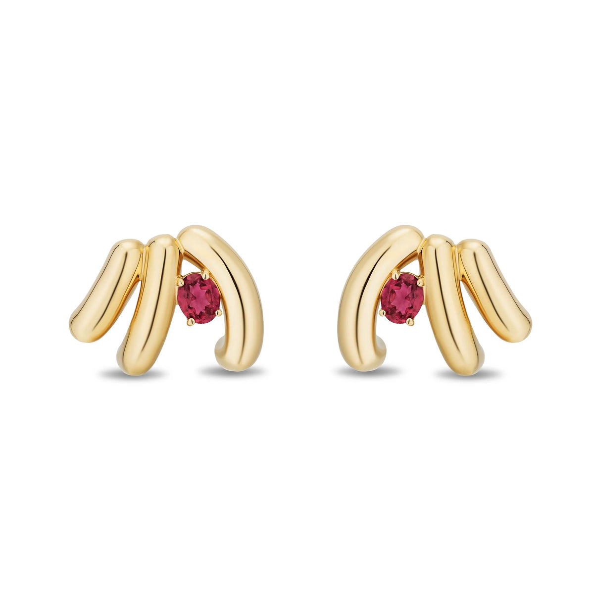 A pair of gold post earrings with a curved, multi-bar design and a small round rubellite in the center, shown on a plain white background.