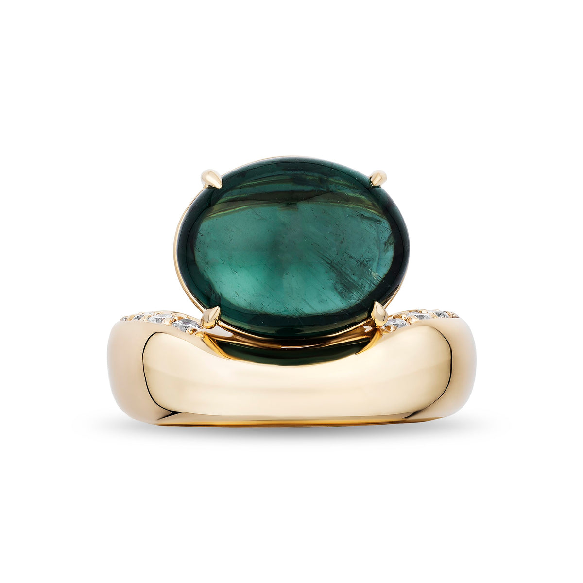 A gold ring featuring a large oval green gemstone in a prong setting, with small clear stones along the band, shown on a plain white background.
